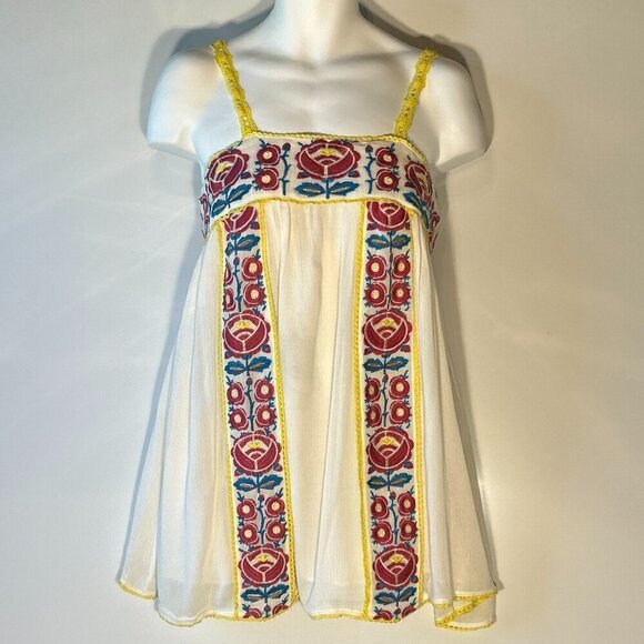 Smell the Roses SZ S Ivory gauzy embroidered yoke lace up tunic dress boho artsy - Picture 1 of 10